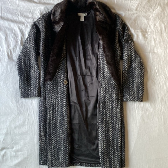 H&M Faux Fur Collar Tweed Wool Blend Long Coat Sz 6 - Picture 7 of 12